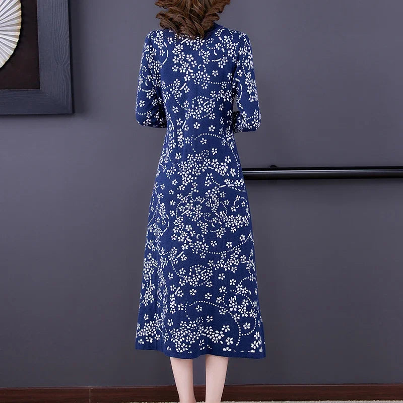 Floral Turtleneck Knitted Pullover Dress