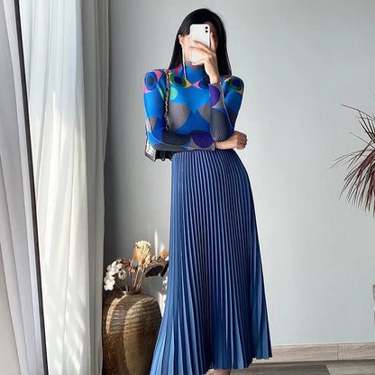 Miyake Pleated Geometric Print Turtleneck Top