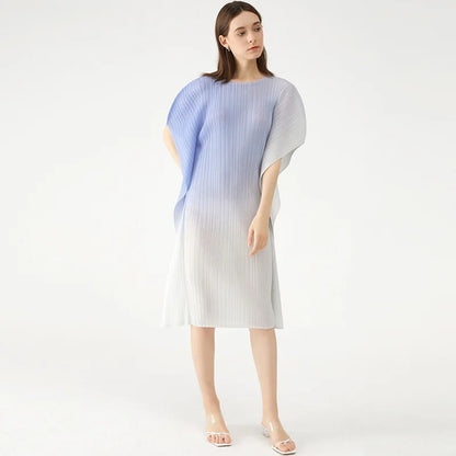 Miyake Pleated Gradient Batwing Sleeve Dress