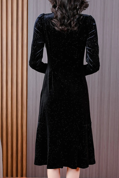 Sequin Bow Long Sleeve Velvet Midi Dress