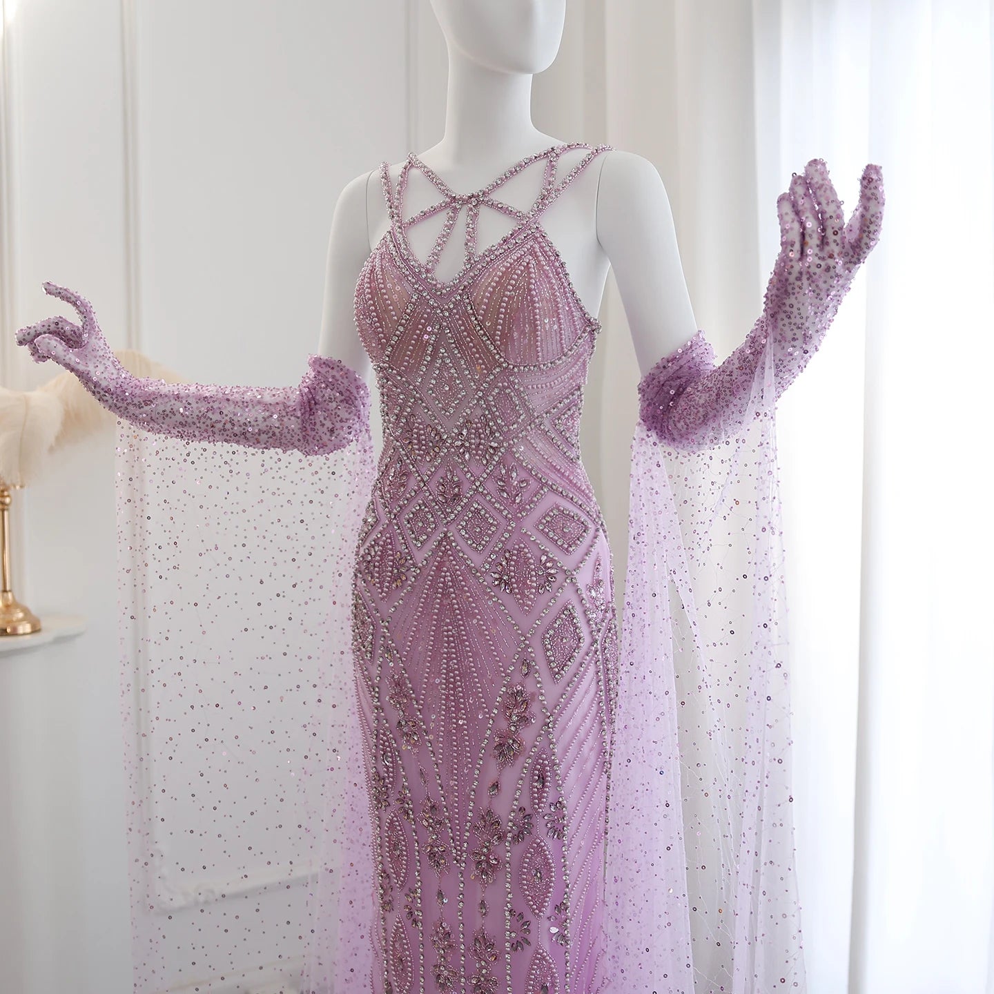 Luxury Beaded Long Dress with Gloves