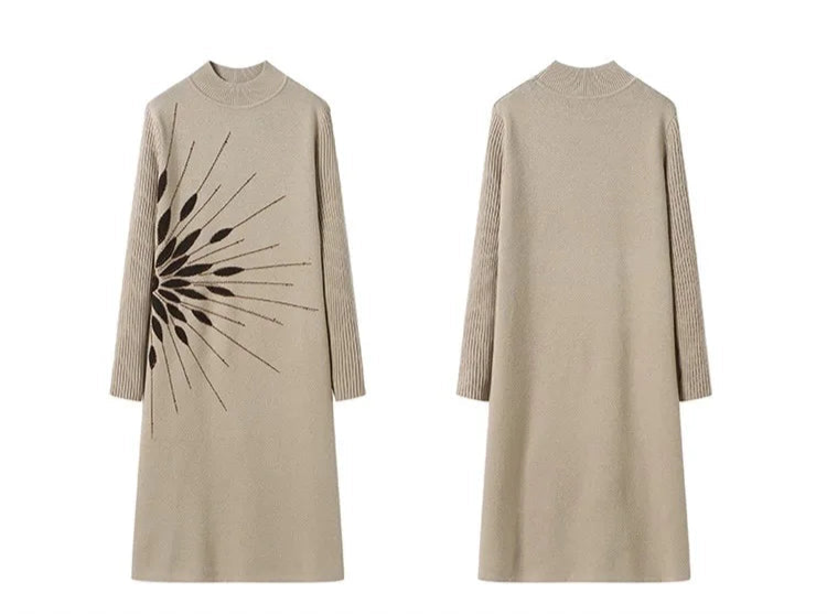 Beige dress with black abstract pattern on a white background