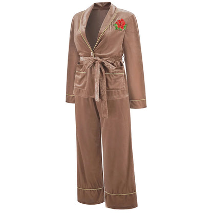 Rose Embroidered Gold Edge Pajama Set