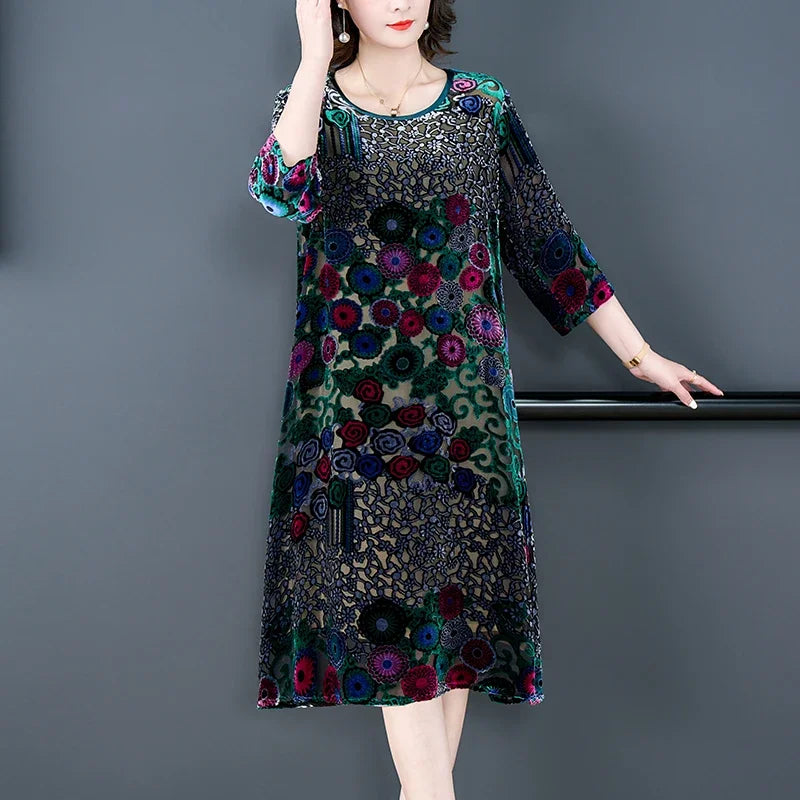 Floral Flocking Velvet Midi Dress