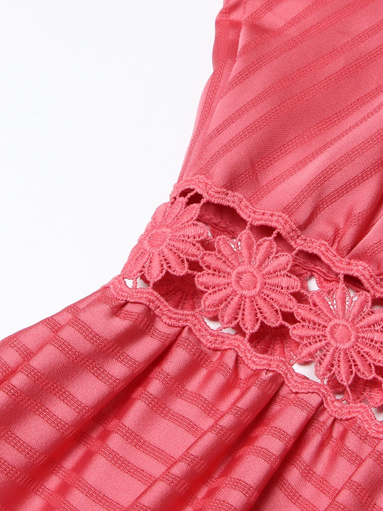 Embroidery Lantern Sleeve Openwork Maxi Dress