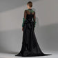 Emerald Green Feather Embellished Black Dress with Overskirt