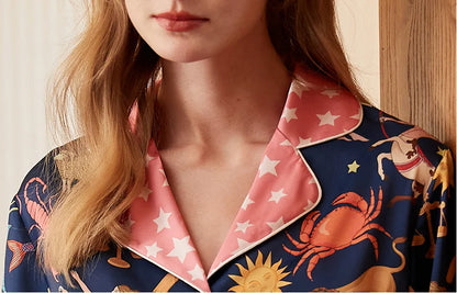 Zodiac Print Simulated Silk Pajama Set