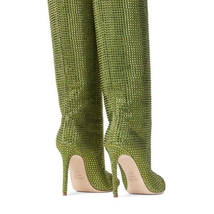 Rhinestone Pointed Toe Knee-High Boots
