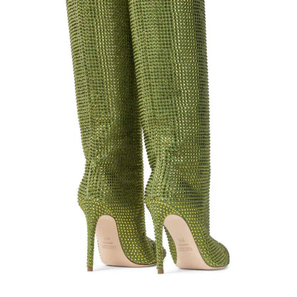 Rhinestone Pointed Toe Knee-High Boots
