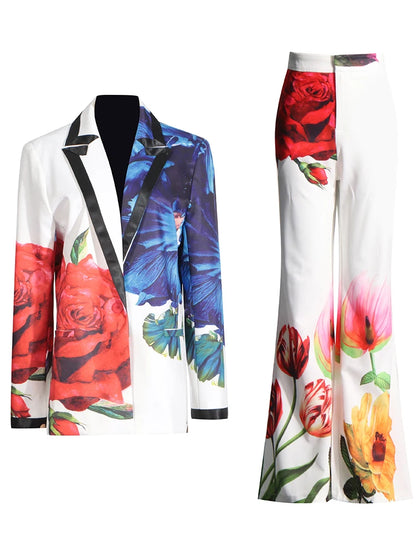 Colorblock Floral Blazer and High Waist Pants Set