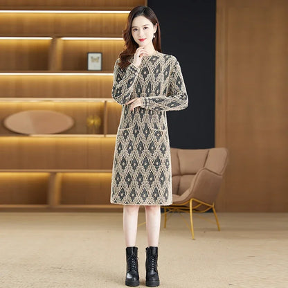 Geometric Round Neck Long Sleeve Sweater Midi Dress