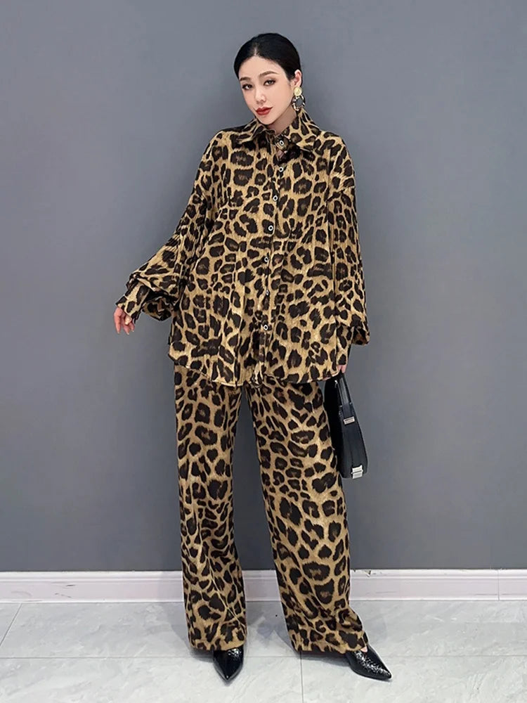 Leopard Print Shirt and Straight Pants Set