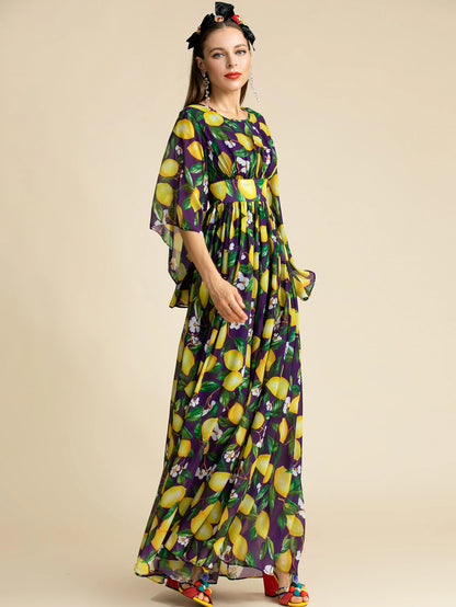 Bohemian Lemon Print Backless Maxi Dress