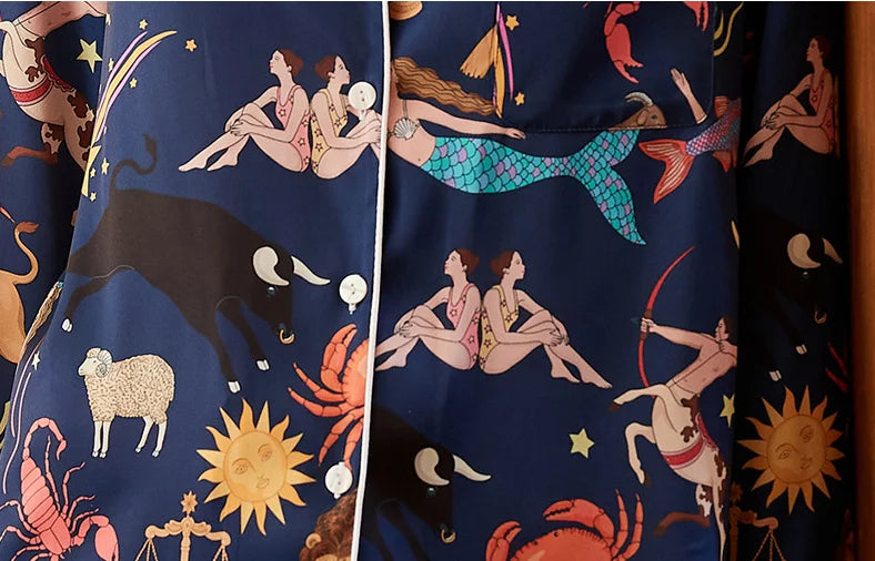 Zodiac Print Simulated Silk Pajama Set