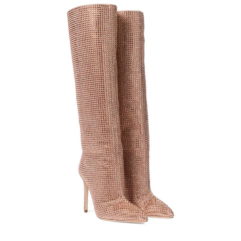 Rhinestone Pointed Toe Knee-High Boots