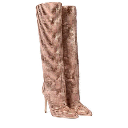 Rhinestone Pointed Toe Knee-High Boots