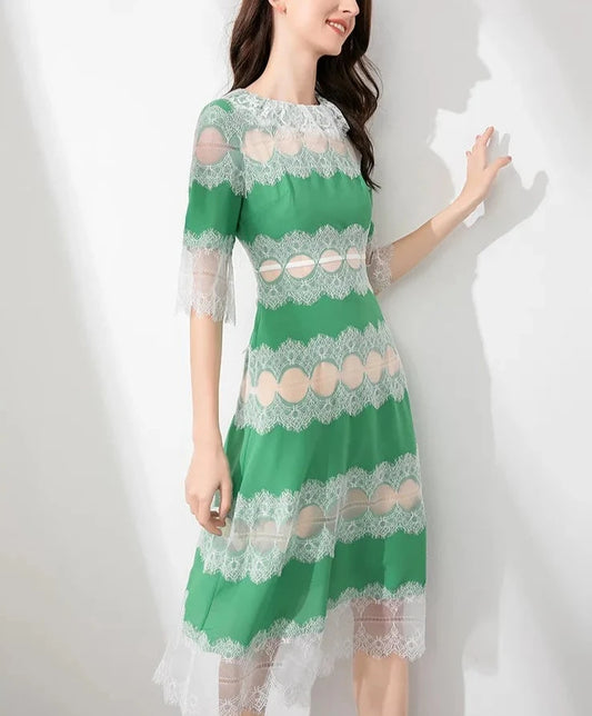 Lace Patchwork Hollow-Out Midi Dress