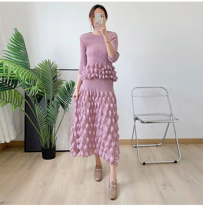 Miyake Pleated Bubble Top and Midi Skirt Set