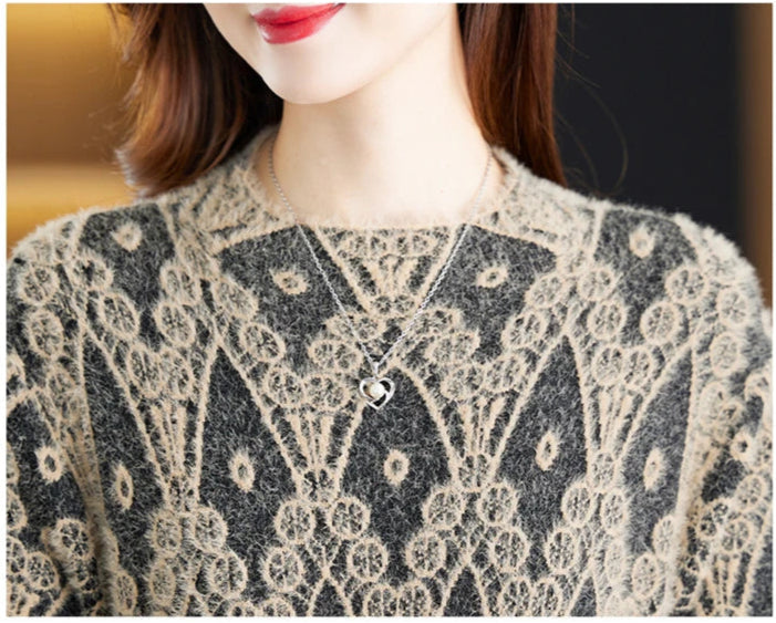 Geometric Round Neck Long Sleeve Sweater Midi Dress