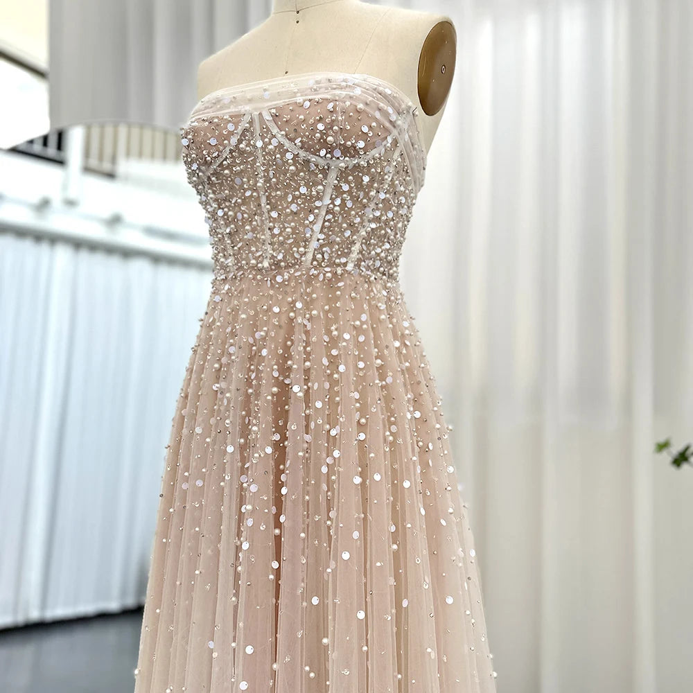 Luxury Beaded Strapless Dress with Gloves