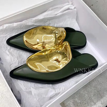 Genuine Leather Metal Decor Pointed Toe Flat Mules