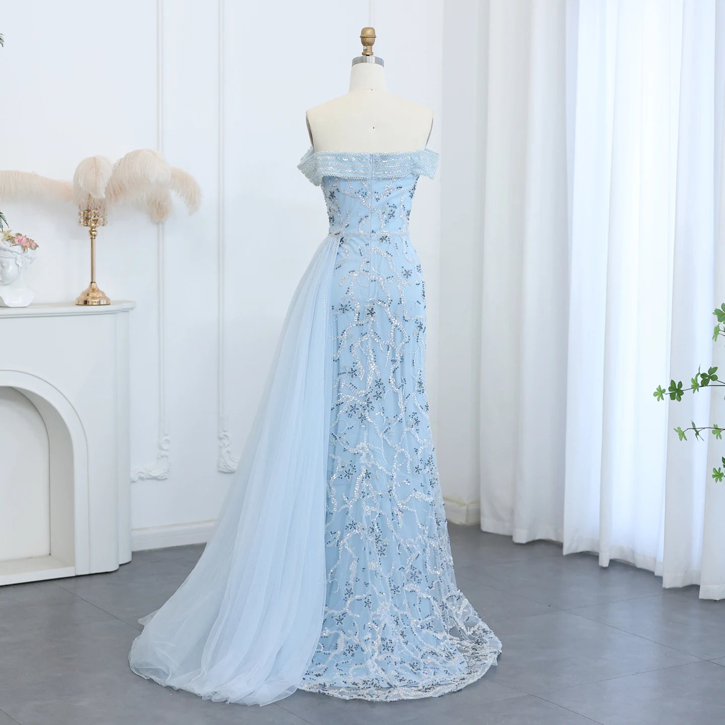 Sequined Off-Shoulder Mermaid Dress with Overskirt