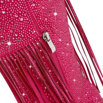 Rhinestone Fringe Square Heel Boots