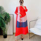 Miyake Pleated Color Block Three Quarter Sleeve Dress