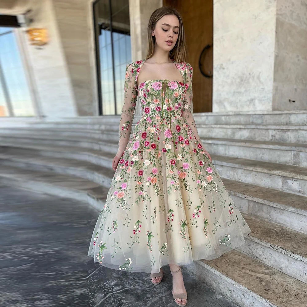 Floral Embroidery Strapless Midi Dress with Jacket