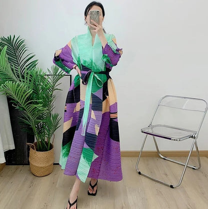 Miyake Pleated Pressed Ruffle Long Sleeve Maxi Dress