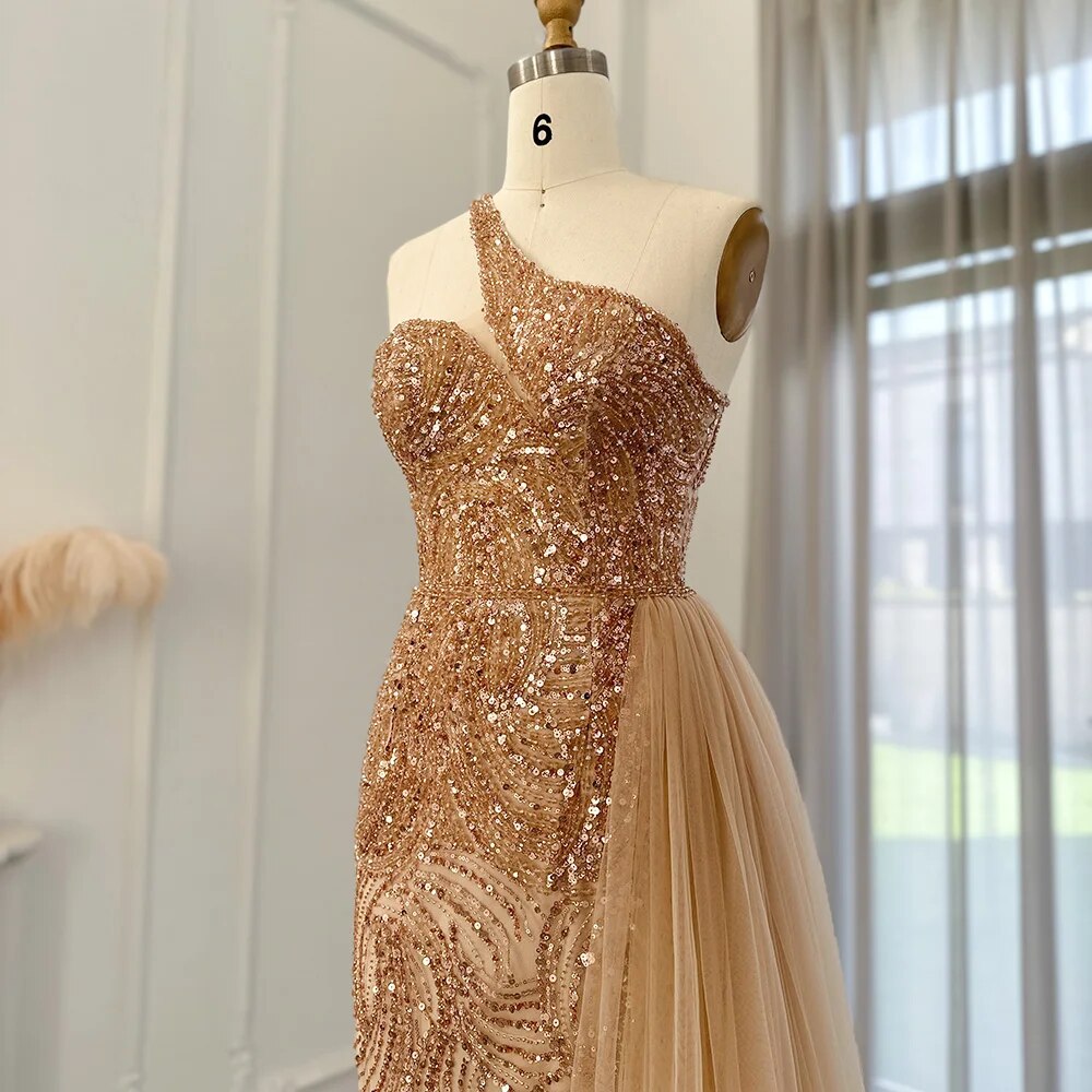 Luxury Embellished One-Shoulder Evening Dress with Overskirt