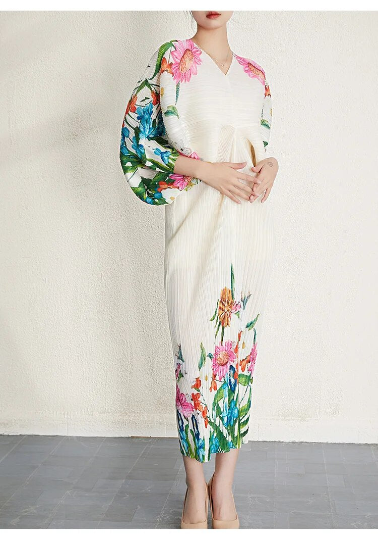Miyake Pleated Floral Batwing Sleeve Dress