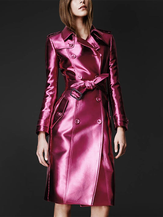 Shiny Double-Breasted Trench Coat