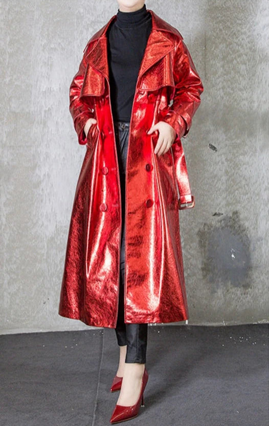 Shiny Double Breasted Trench Coat