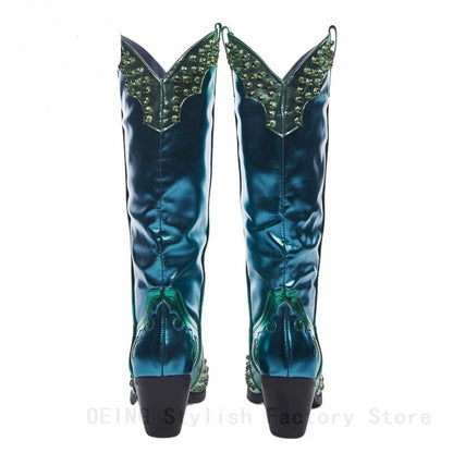Crystal Embellished Patchwork Western Boots