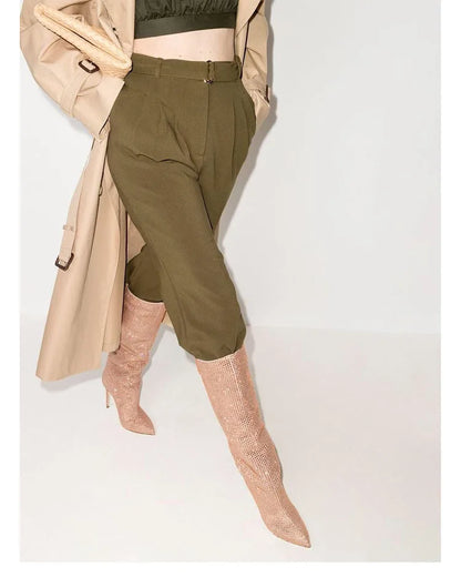 Rhinestone Pointed Toe Knee-High Boots