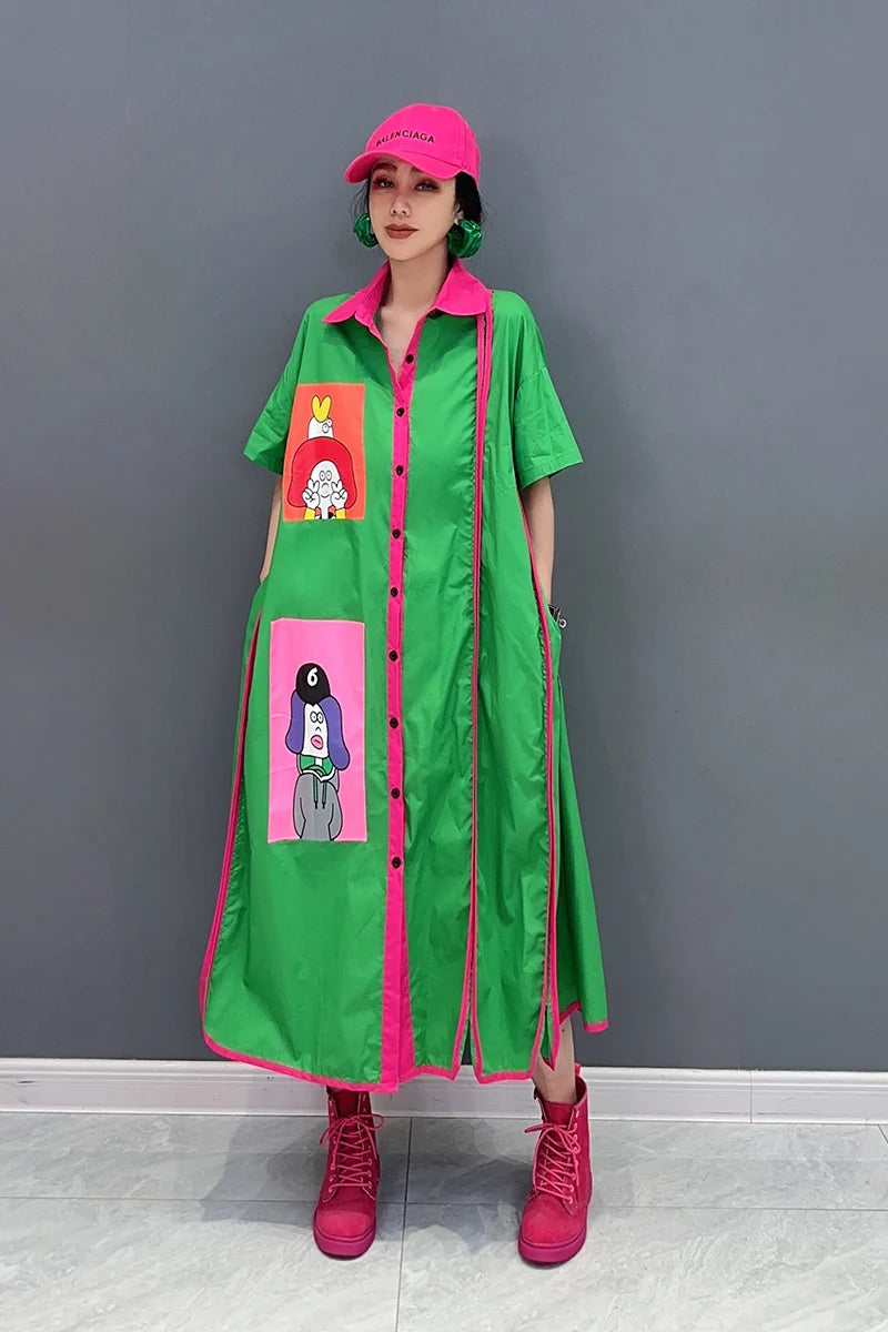 Contrast Patchwork Midi Shirt Dress