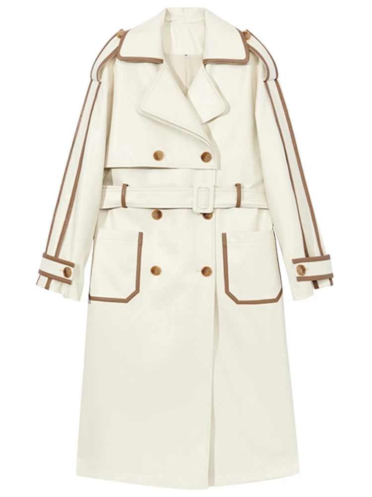 Contrast PU Leather Trench Coat