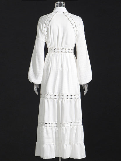 Embroidery Lantern Sleeve Openwork Maxi Dress