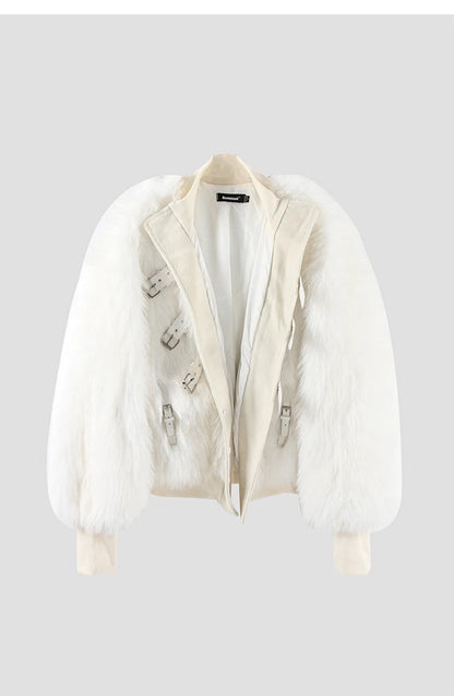 Faux Fox Fur Belt Detail Bomber Jacket