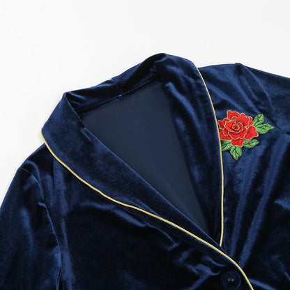 Rose Embroidered Gold Edge Pajama Set