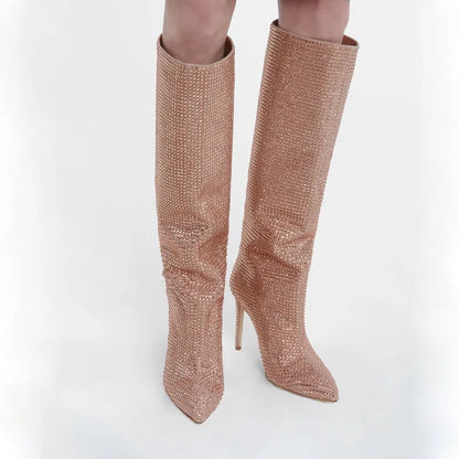Rhinestone Pointed Toe Knee-High Boots