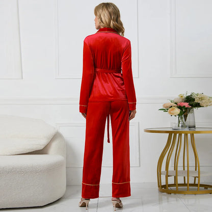 Rose Embroidered Gold Edge Pajama Set