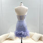 Luxury Feather Trim  Halter Neck Mini Dress