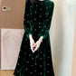 Polka Dot Ruffled Neck Velvet Midi Dress