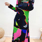 Miyake Pleated Color Block Long Sleeves Midi Dress