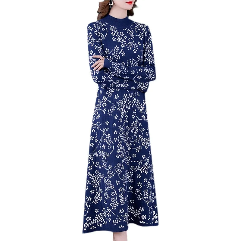 Floral Turtleneck Knitted Pullover Dress