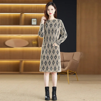 Geometric Round Neck Long Sleeve Sweater Midi Dress