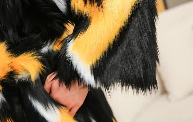 Multicolor Long Sleeve Faux Fox Fur Coat