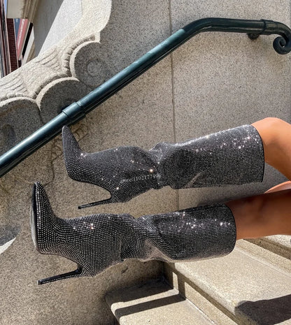 Rhinestone Pointed Toe Knee-High Boots
